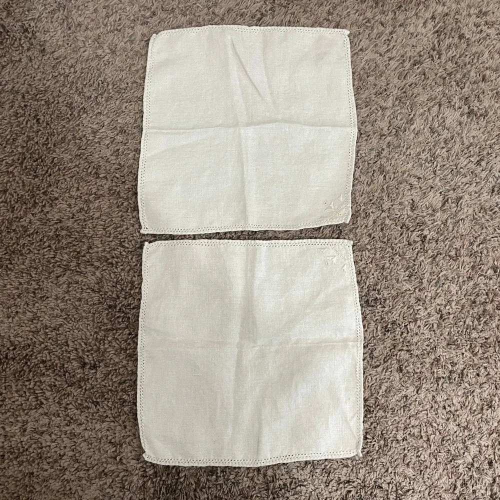 Vintage Cream Linen Cocktail Napkins Hemstitch Embroidered Set of‎ 2 10.5